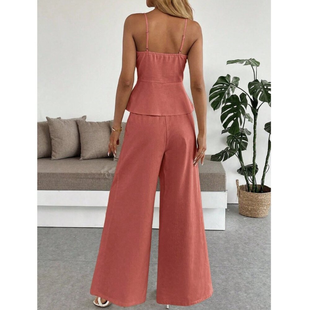 Rust Linen Wide-Leg Two-Piece Set | Button Camisole Top & Flow Pants - Picture 3 of 3